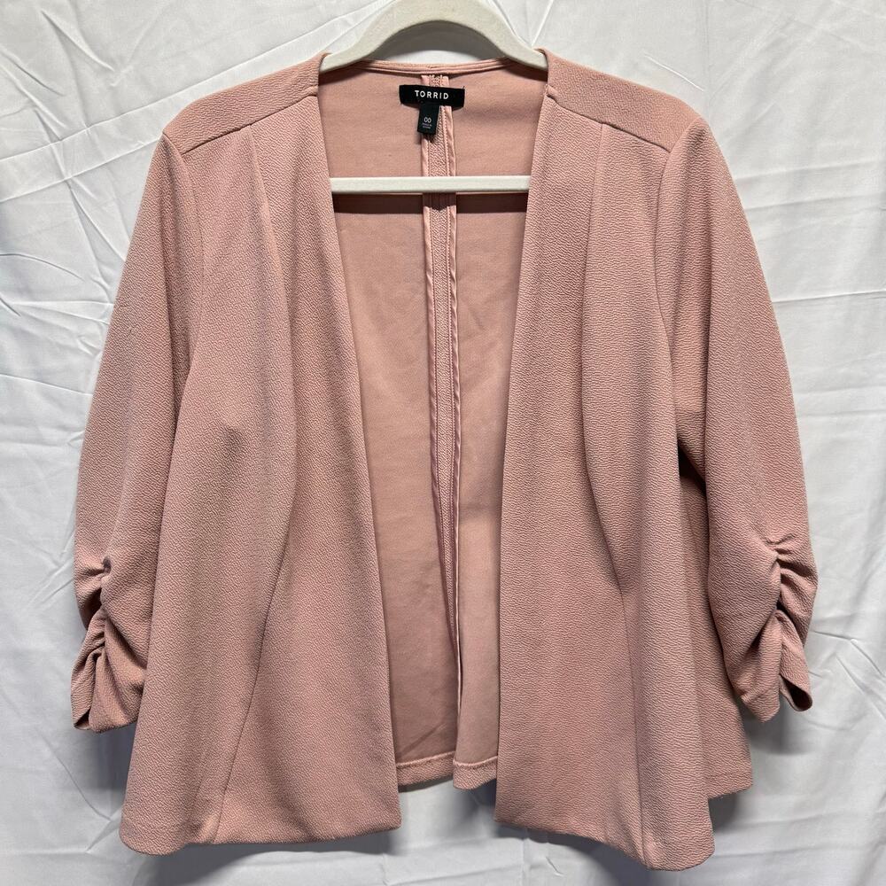 Torrid Plus Size XL 1X Blush Pink Knit Open Front Drape Blazer Ruched Sleeve